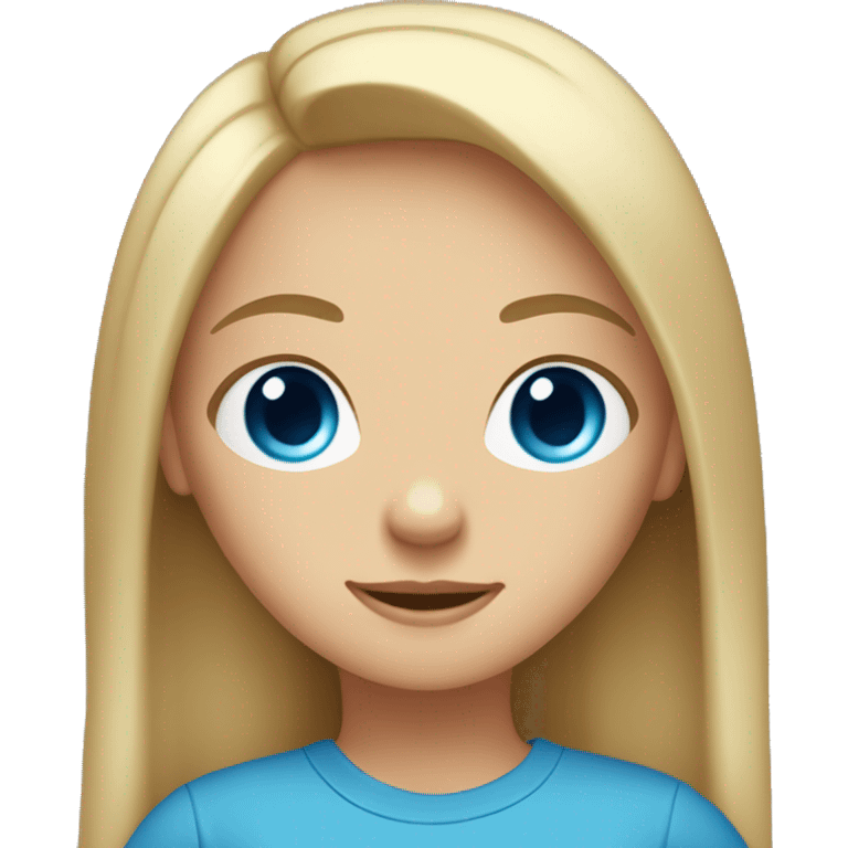 A girl with big, blue eyes, shoulder-length straight light hair, wearing a t-shirt emoji