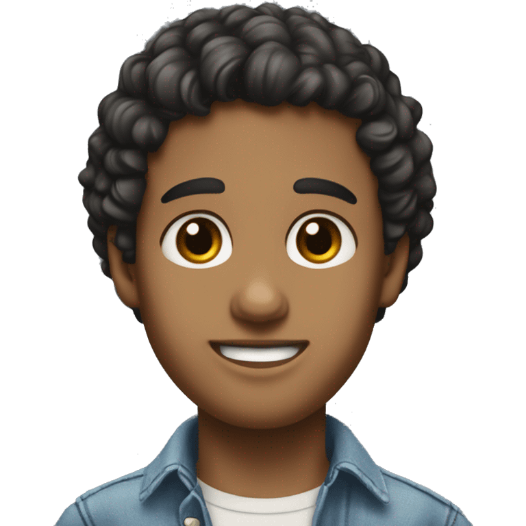 young white adult, with black curly hair and brown eyes, denim dress blouse, silver earring in his left ear, and a mole on his left cheek. emoji