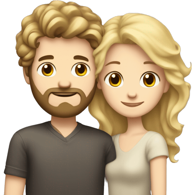 Brunette girl with wavy hair hugging blond boy and white skin whit a beard lovingly couple emoji