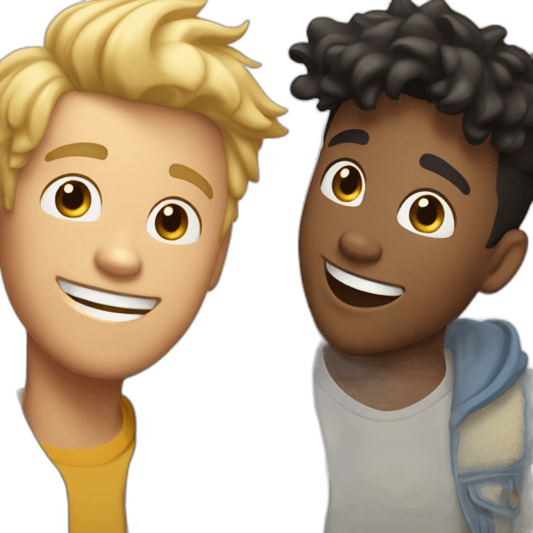 Gay couple, 1 guy Latino black straight hair and 1 Australian guy with blonde slightly curly hair laughing full body and a cat in the middle emoji