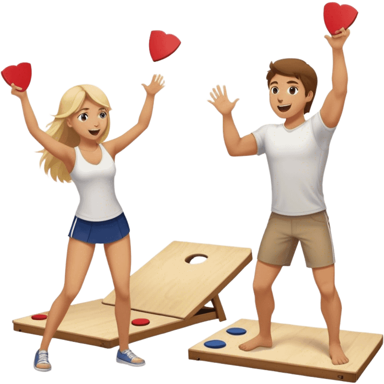 Fit man with brown hair playing cornhole with a blonde hair girl cheering him on emoji