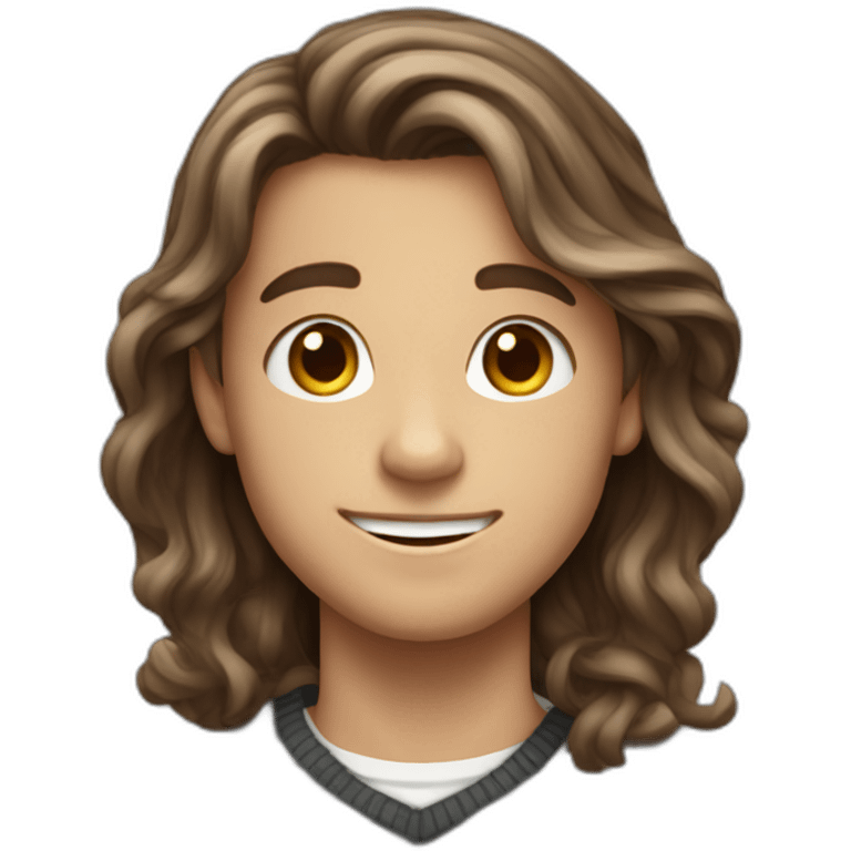 happy teenager boy brown long wavy hair and dark gray striped sweater emoji