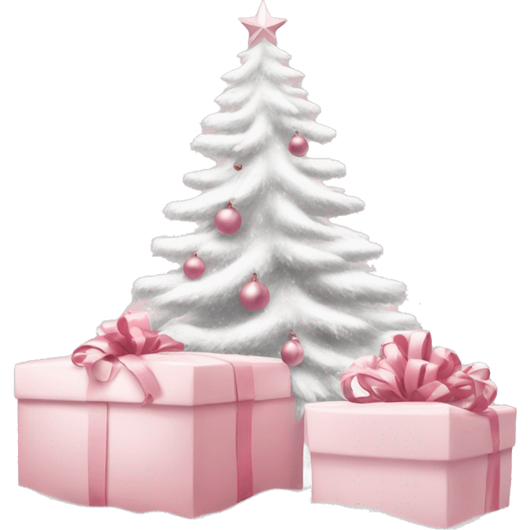 Light pink Christmas gifts under a white Christmas tree  emoji