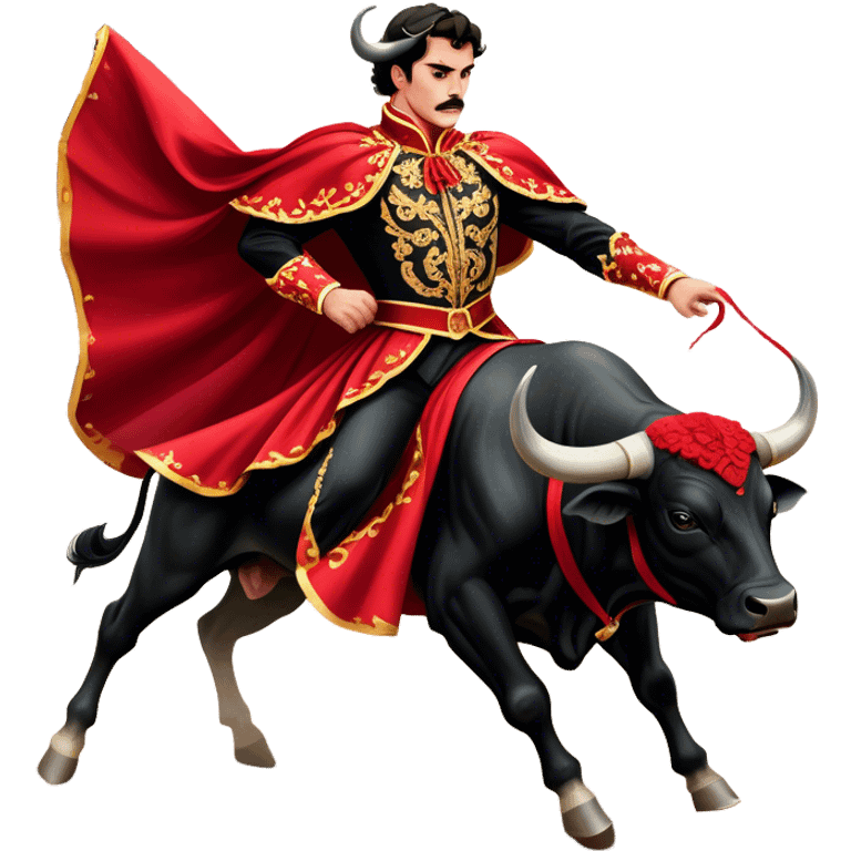 ​Cinematic Realistic Spanish Matador in Action, depicted in an ornate traje de luces with a flowing red cape, captured in the dramatic moment of confronting a charging bull in a traditional bullring, rendered with dynamic motion and dramatic lighting that encapsulates the intensity and artistry of the spectacle, emoji