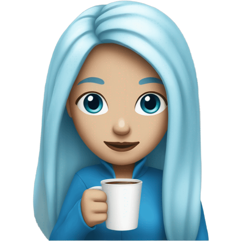 white skin girl with blue long hair drinking coffee emoji