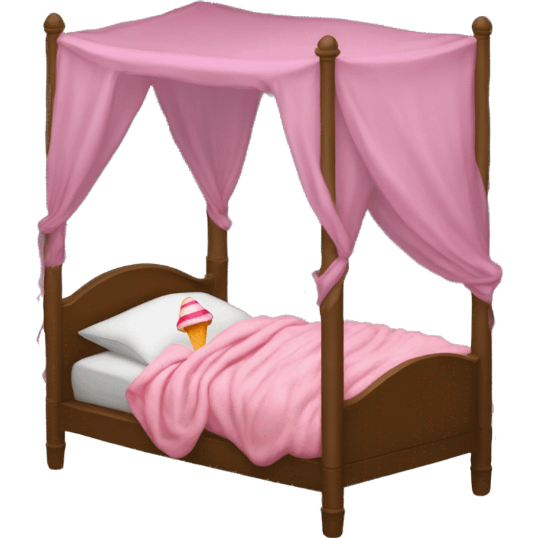 sleeping fish with man's legs in a high tower in the bed with pink canopy eat a lollipop while sleeping emoji