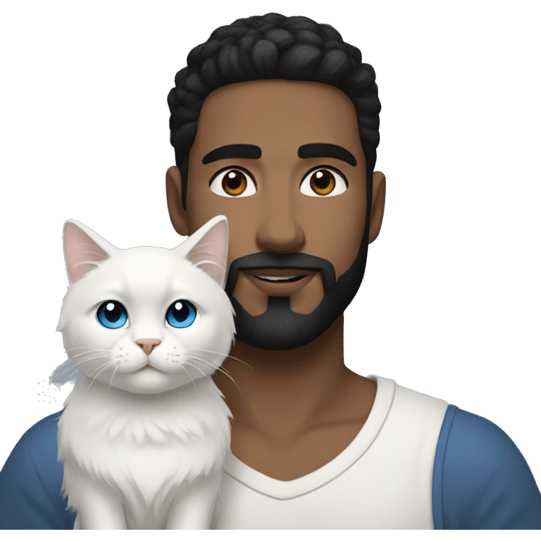 A guy with a black earing and black short hair and black beard and holding a all white Siberian cat with blue eyes  emoji