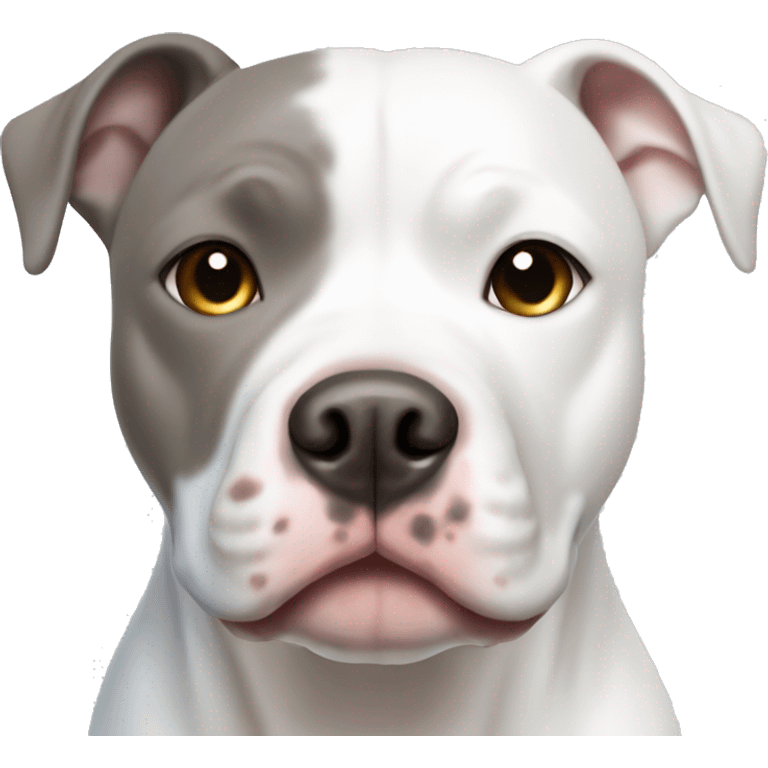 White pitbull with grey spot over right eye one blue and one brown eye emoji