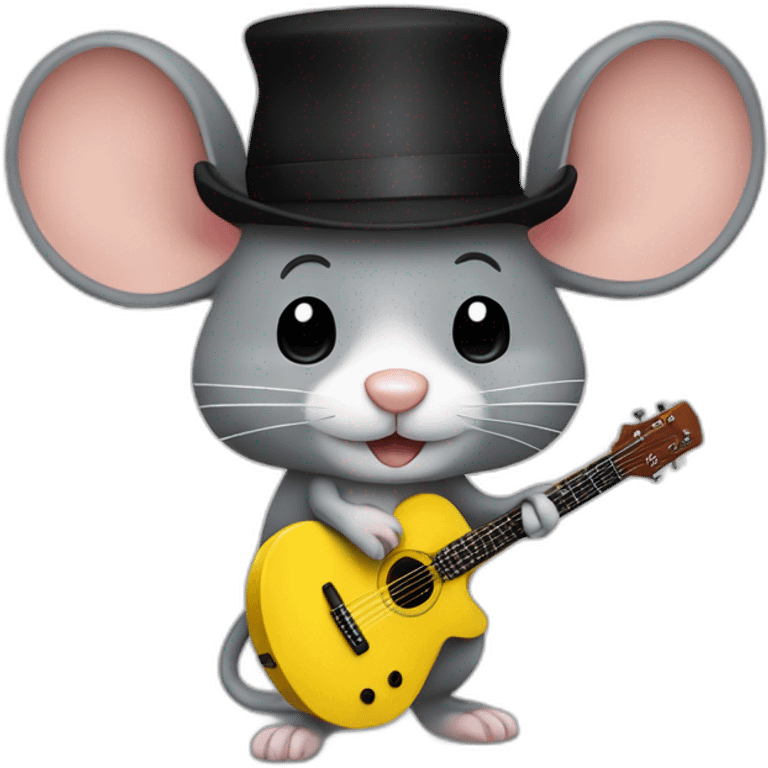 adult grey jerry mouse with white moustache, big black hat, and yellow guitar emoji