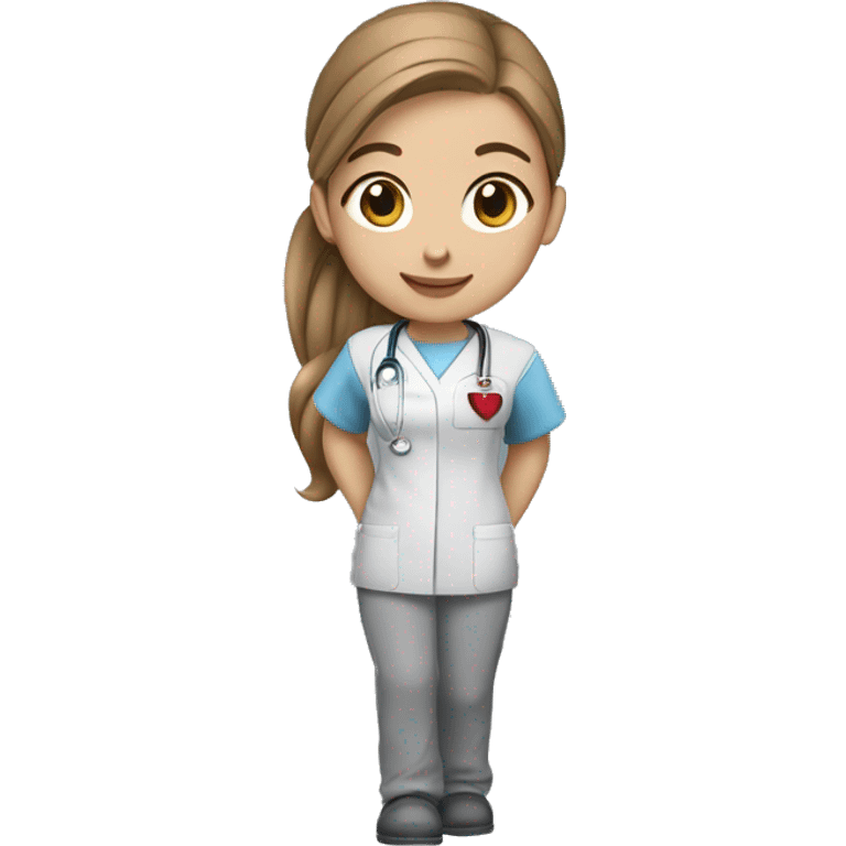 nursing student in a grey scrub with red accents on the sleeves with light skin, brown hair and ligth brown hair in a ponytail emoji