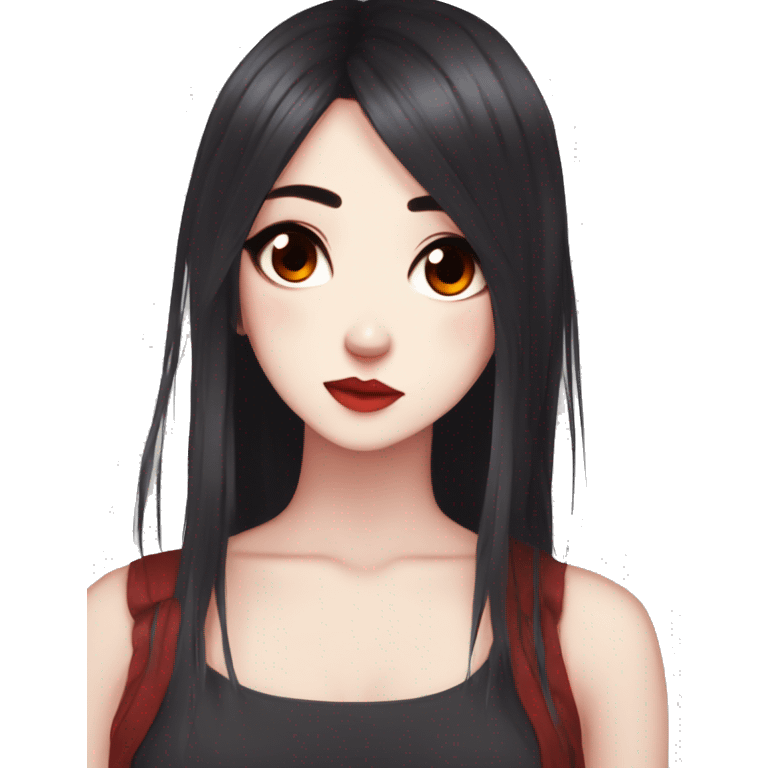 Gorgeous anime style lady with blushing face aesthetic and pretty edgy black and red long phair emoji