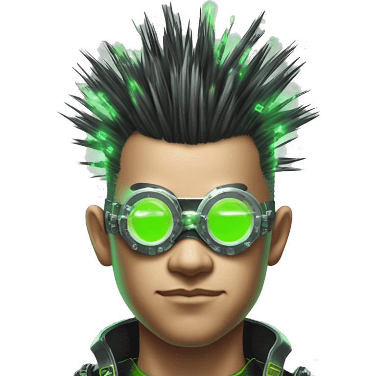 Mohawk hair with neon green highlights Asian male cyborg head with neon silver steampunk goggles and circuits emoji