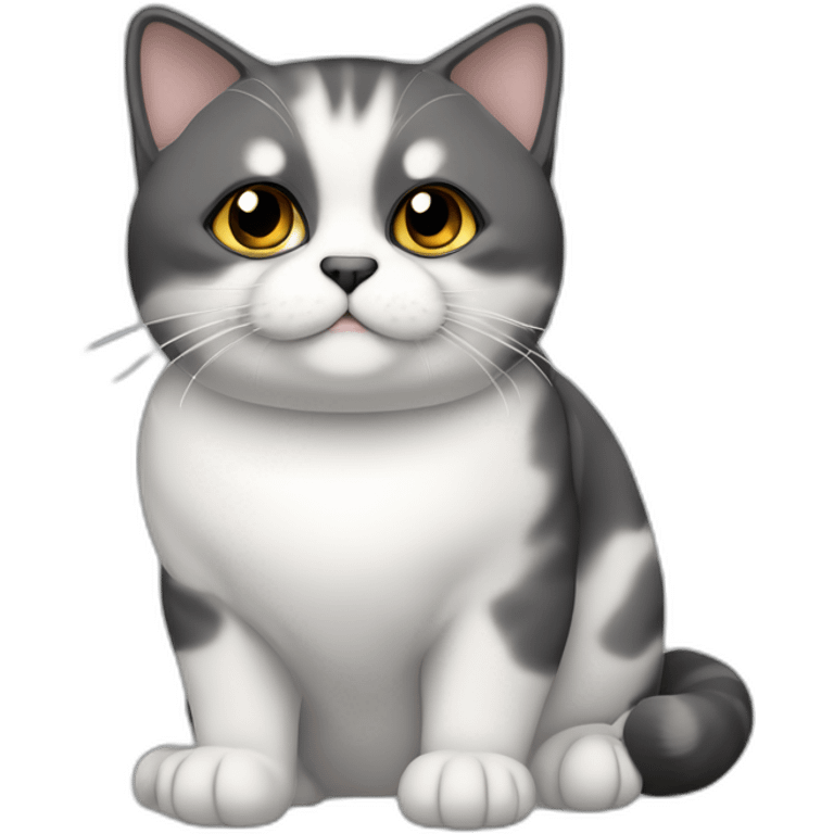 senior chubby diluted calico cat, white chin, black nose, grey ears, grey and white emoji