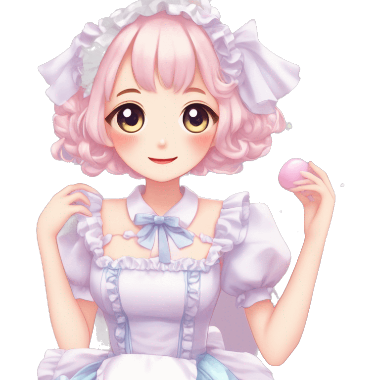 Gorgeous anime style girl blushing face maid outfit Lolita idol model colorful shiny sparkle kawaii pastelcore cottagecore pearly petite simplistic aesthetic trending style emoji