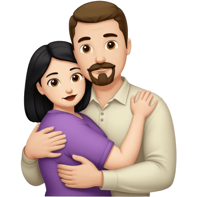 Tall strong white man with brown mustache goatee hugging a chubby short pale woman with long black hair emoji