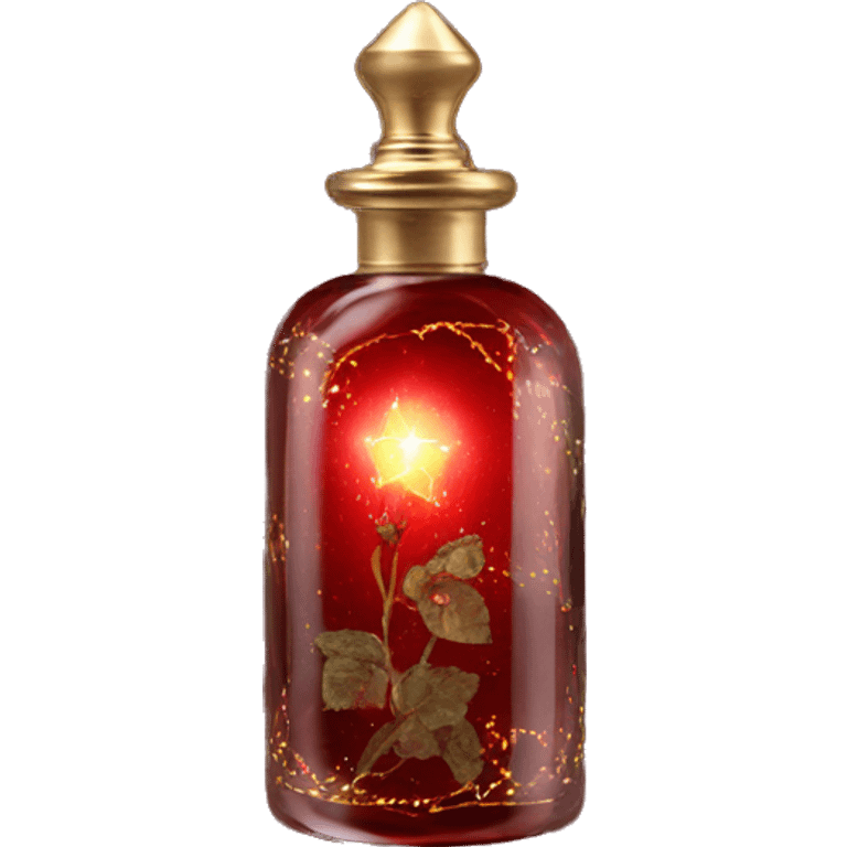 Dark red magic fairy light sparkling old Antique oil perfume bottle with herbal and rose flowers emoji