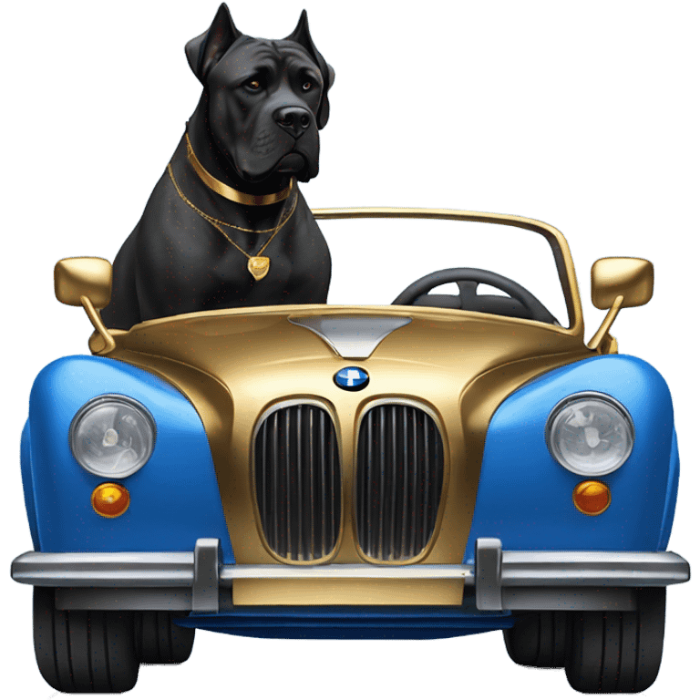 A Cane Corso driving a gold and blue BMW. emoji