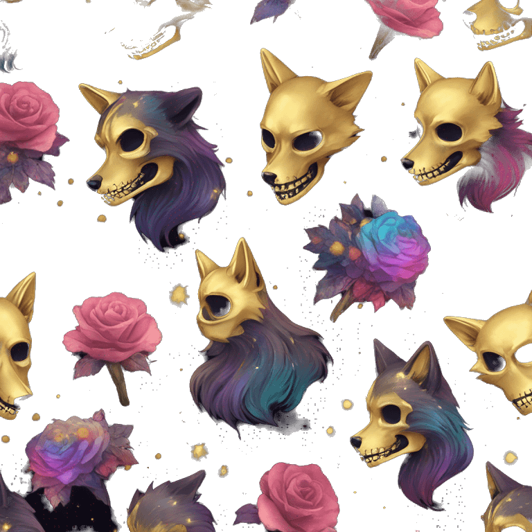 Black iridescent fluffy dog fox head zombie skull skeleton gold mechanical nebula galaxy stars colorful flowers fairy lights vintage emoji