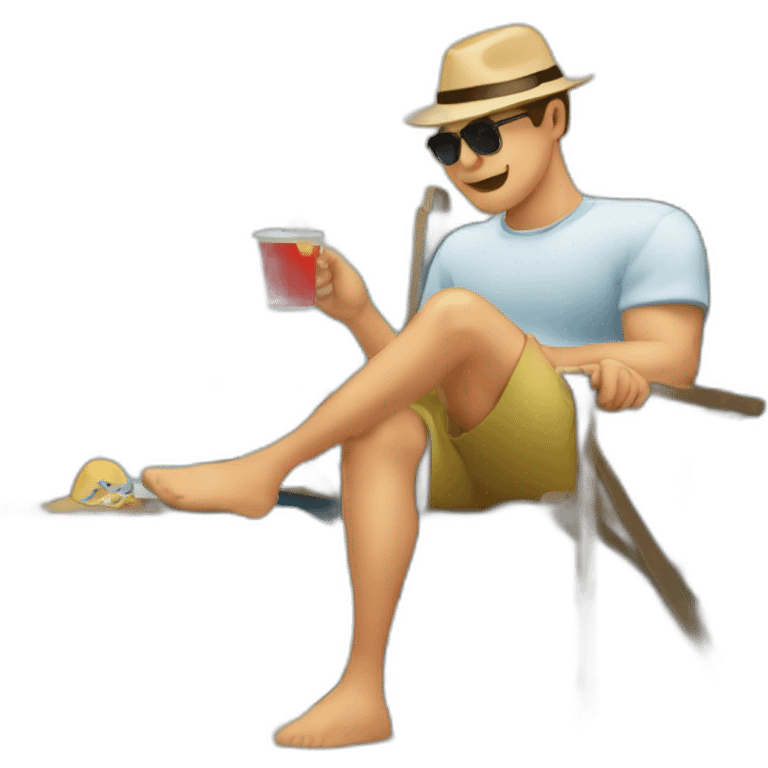 Hombre sentado tomando mate en una silla al borde de la playa emoji