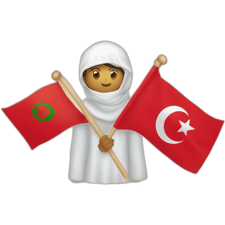 Un marocain avec dans sa main avec un drapeau marocain et un tunisien avec un drapeau tunisien qui se serrent la main emoji