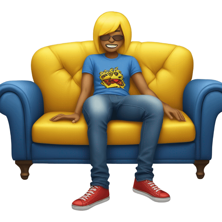 A person lying on a sofa, legs crossed with hands behind the head, relaxing in a cozy setting, yellow skin, Ed Hardy t-shirt, blue jeans emoji