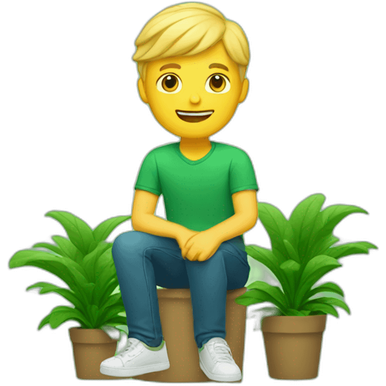 blond-guy-sitting with a plant with green background emoji