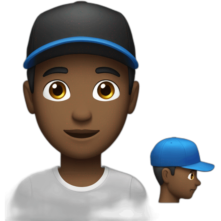 a white guy with dark hair, blue eyes, in a black backward cap and in oversized t-shirt emoji