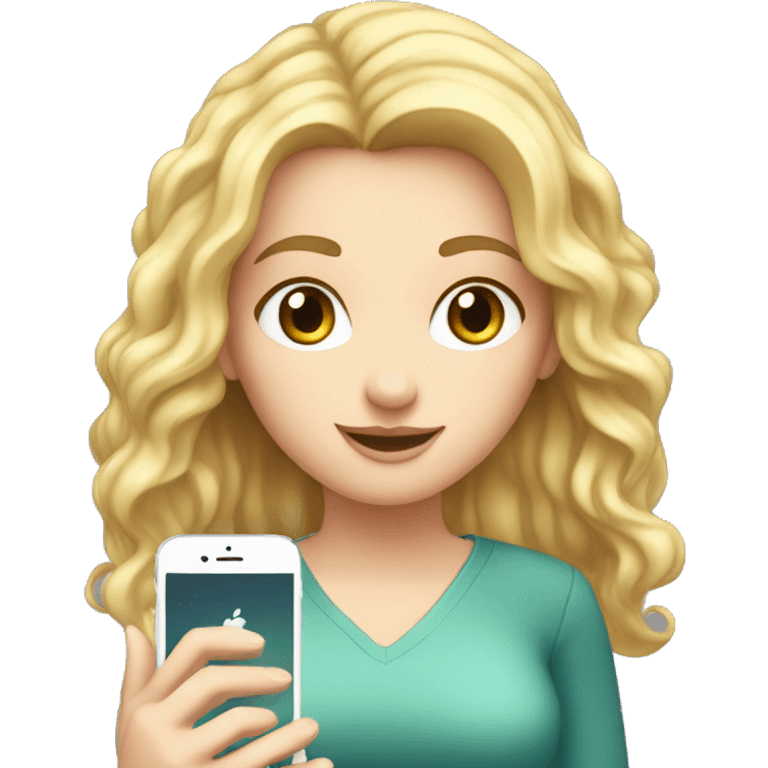 a white girl with a phone in her hands is chatting, her eyes are lowered to the phone emoji