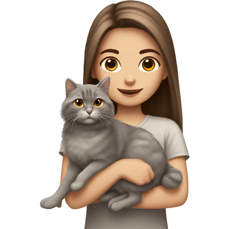  Chestnut brown straight hair girl holding fluffy Siberian gray cat  emoji