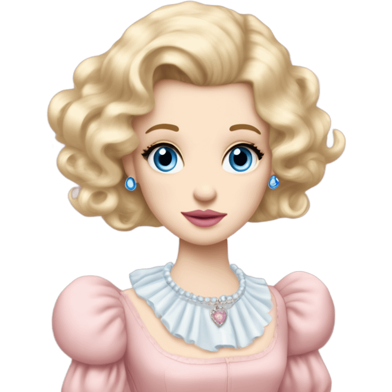 girl blonde hair pale skin blue eyes. Pink lips blush (but not too much). Vintage blowout with long hair not too curly.  light pink princess dress, puffed sleeves, dainty choker necklace (think Versailles but not too much). She has tears in her eyes emoji