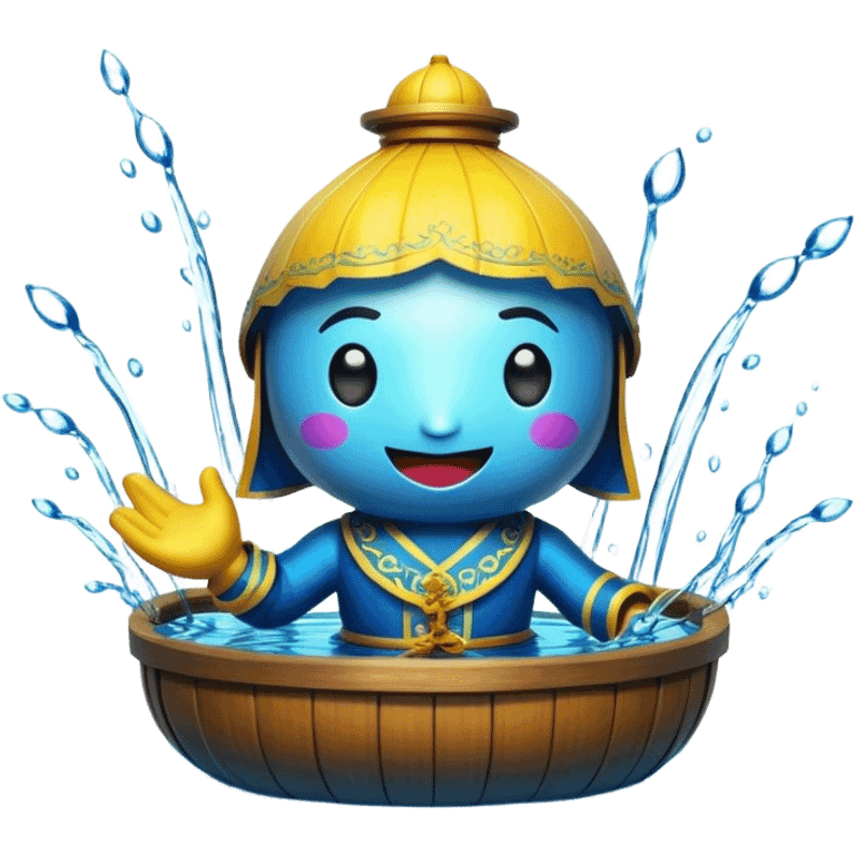 Cinematic Realistic Water Puppetry Pop Culture Emoji, depicted as a whimsical scene of traditional water puppetry rendered with dynamic textures and playful lighting. emoji