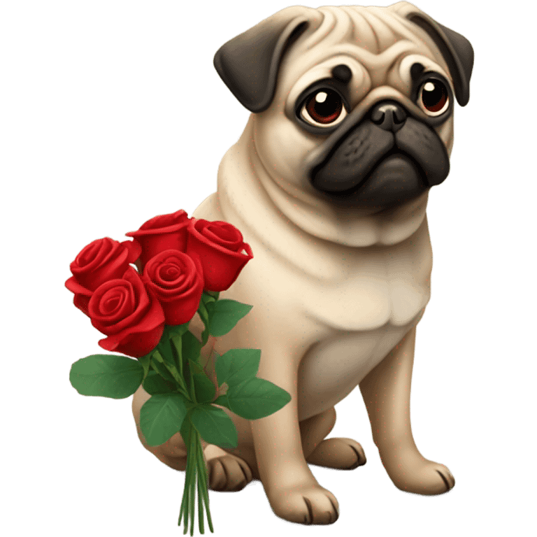 Pug holding 32 Red Roses emoji