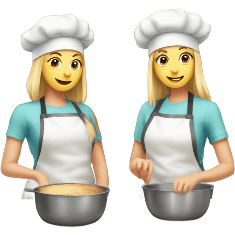 To teenage girls are blonde and a brunette baking they’re wearing baking hats and standing beside each other. One is whisper in a bowl and the other is baking something else. emoji