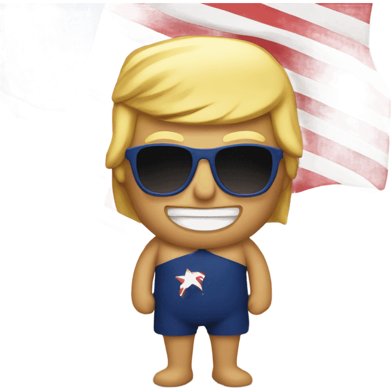 Donald trump on a beach in an American flag swim suite  emoji