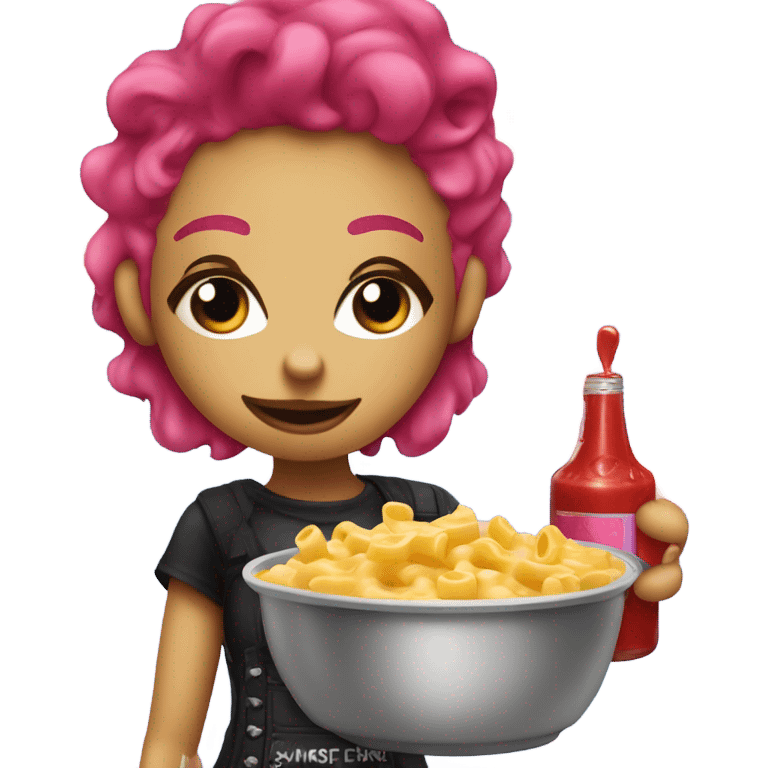 Punk girl with blue and pink hair puts ketchup on Mac n cheese emoji