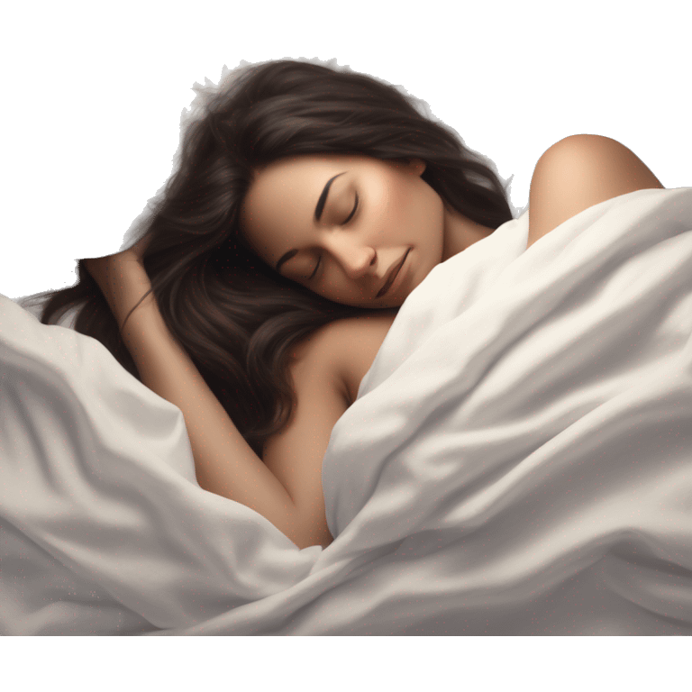 pretty brunette woman sleeping amongst white sheets realistic soft textures and ethereal glow emoji