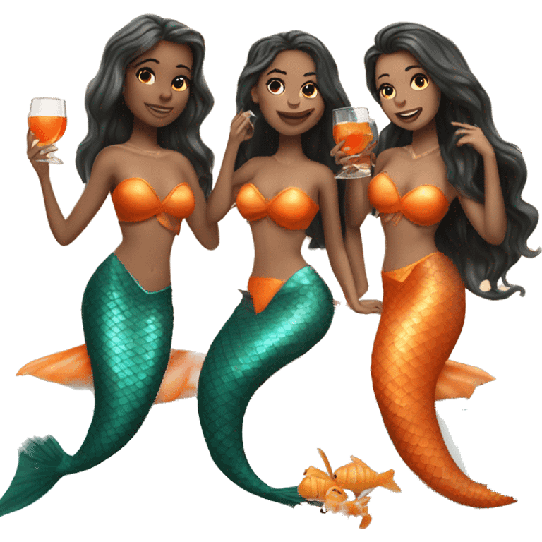 Three beautiful mermaids (light skin) drinking aperol emoji