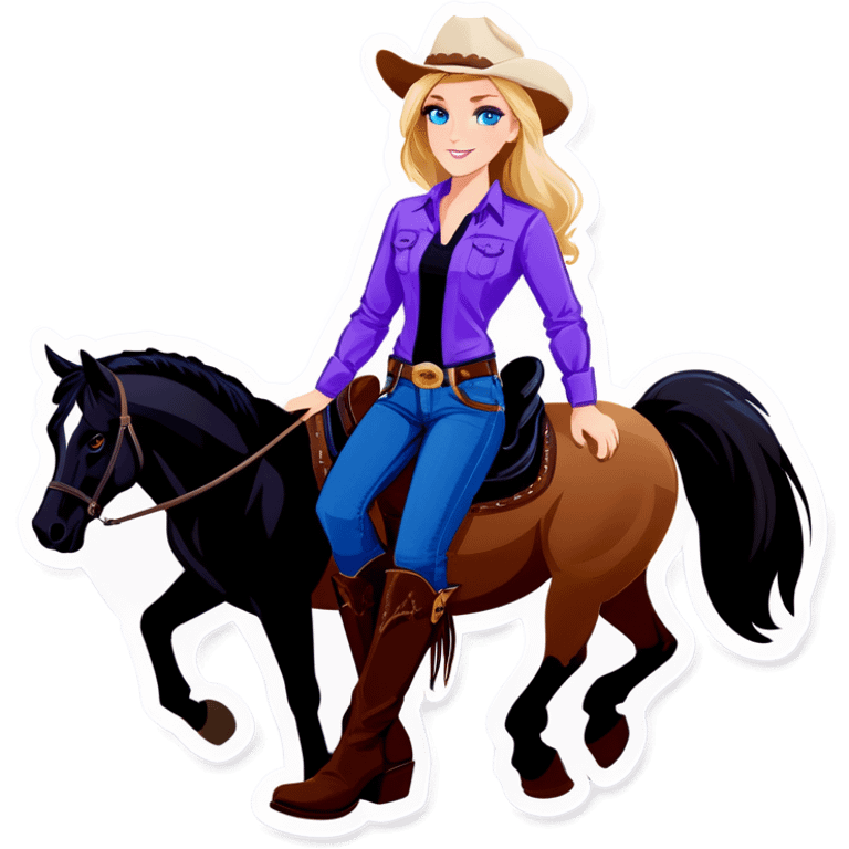 Blonde cowgirl with blue eyes wearing a purple shirt with boots and jeans and a black and white horse with a black Labrador and a brown Labrador  emoji