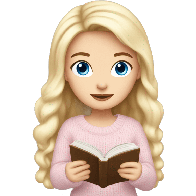 Pretty blue eyed white girl with light pink sweater reading cozy emoji