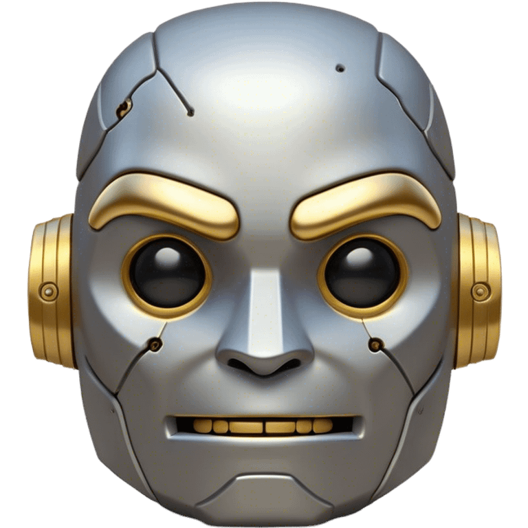 Cinematic Cute Mighty Iron Golem Portrait Emoji Head tilted playfully and inquisitively, featuring a sleek yet sturdy metal form with smooth, polished steel plating and glowing golden engravings, accented by faintly humming energy veins that pulse with life; rendered with lifelike clarity and soft, natural reflections, high shine, charming yet robust, styled with a touch of whimsical fantasy, soft glowing outline, capturing the essence of a watchful yet endearing golem, as if it might shift its massive head with a slow, thoughtful nod at any moment! emoji