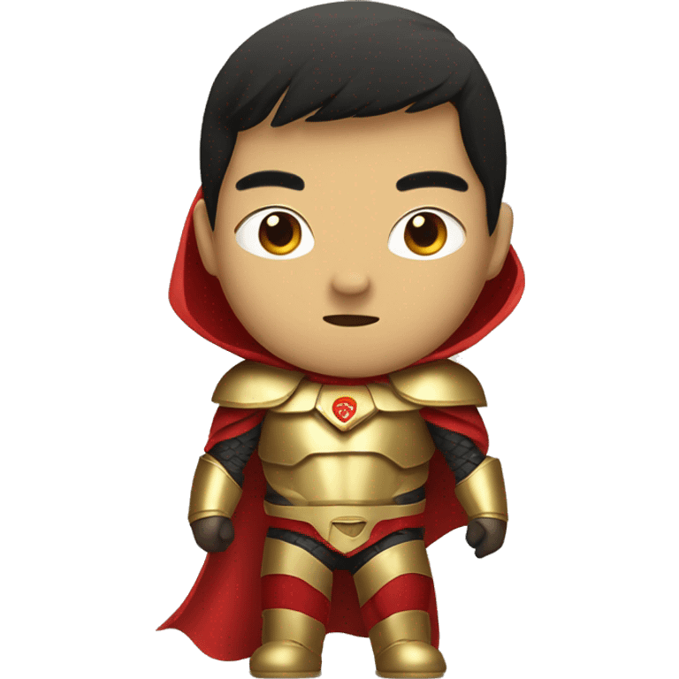 Asian super hero, boy, gold armour, red cape, eyes mask emoji