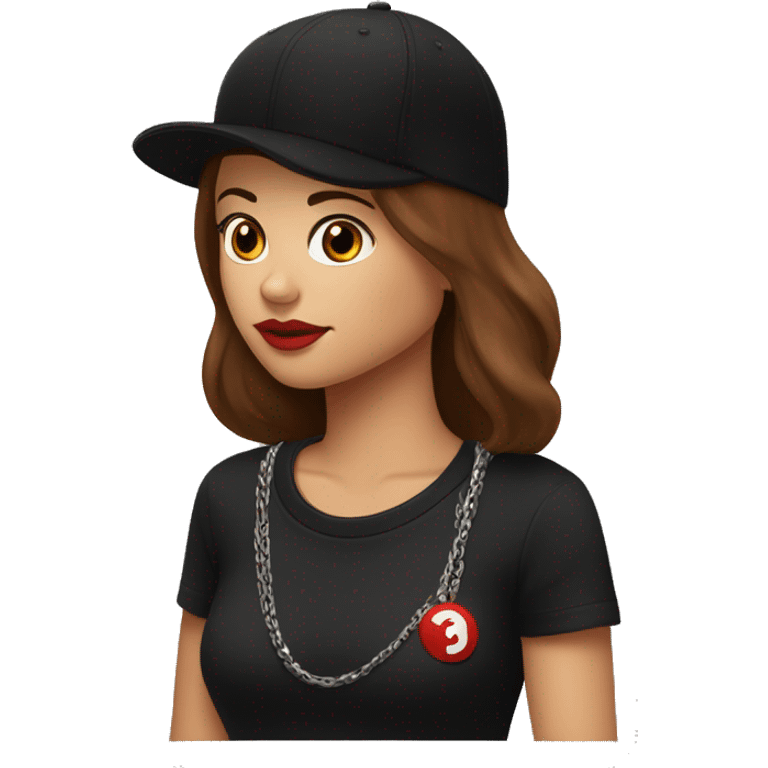 Beautiful woman wearing a black cap and black sweatshirt, big lips, brown straight hair. On the cap a small red question in an inverted triangle. There is a chain around her neck. emoji