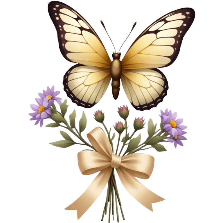 A delicate glass-winged butterfly hovering above a bundle of dried flowers tied with a soft satin bow.
 emoji