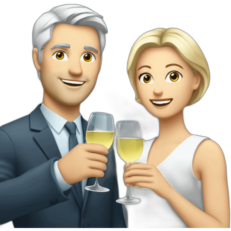 caucasian woman with brown eyes and blond short hair and a caucasian man with blue eyes and grey hair, toasting with a glass of white wine emoji