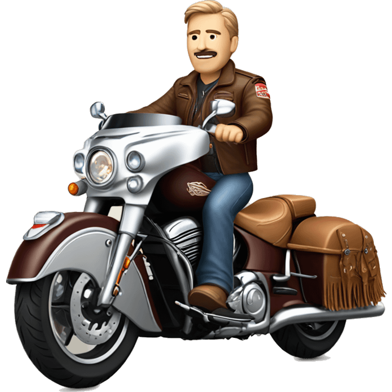 Middle age man wearing leather jacket and leather chaps riding a Indian motorcycle roadmaster  emoji