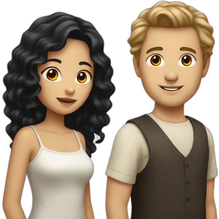 Indonesian girl with long black hair and white man with short brown curly hair emoji