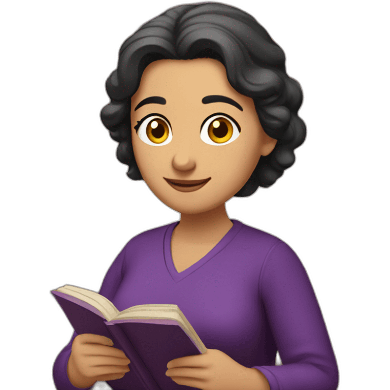 Armenian women with the purple clothes reading book and looking at camera and smiling  emoji