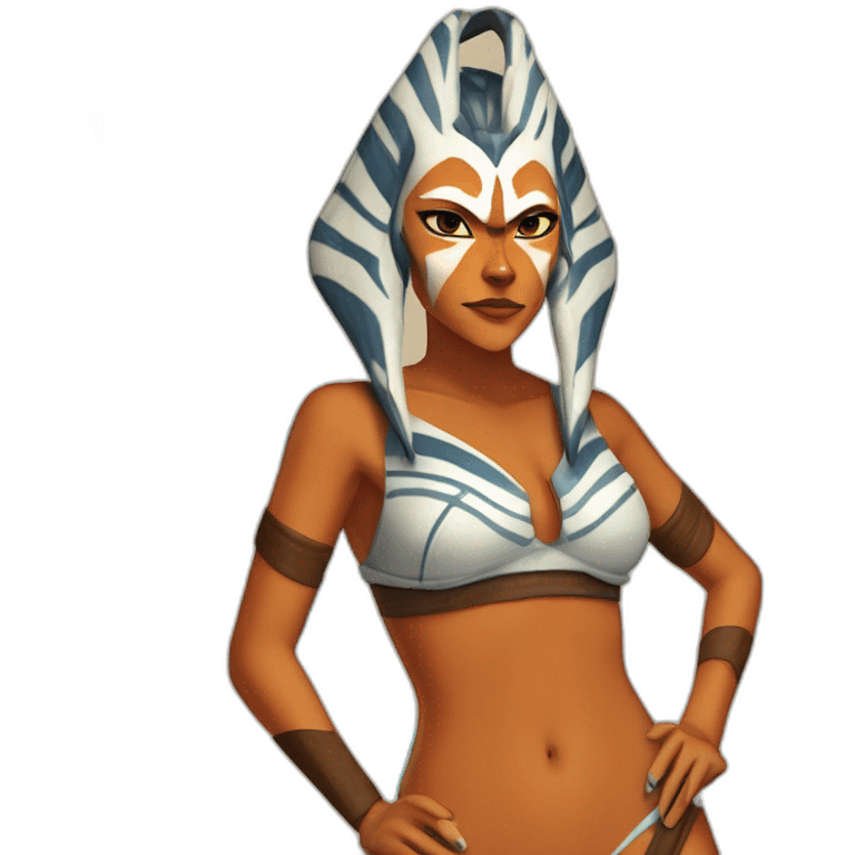 Sexy Ahsoka Tano (portrait, front facing) bikini (small horns) (clone wars season 7) in the style of van gogh emoji