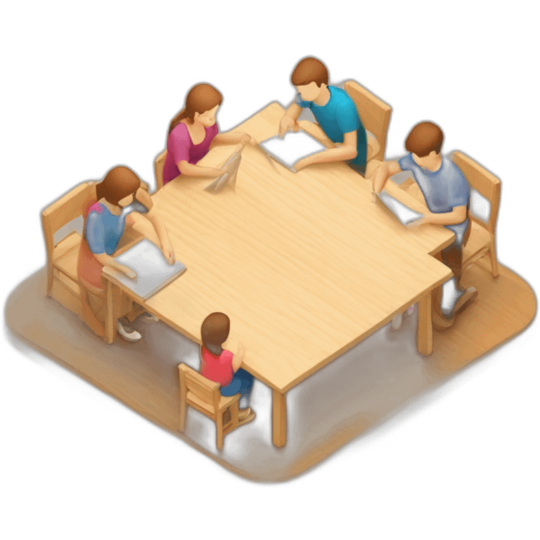 isometric square transparent solid outline border woodworking teacher with student teaching in creative workshop on long table emoji