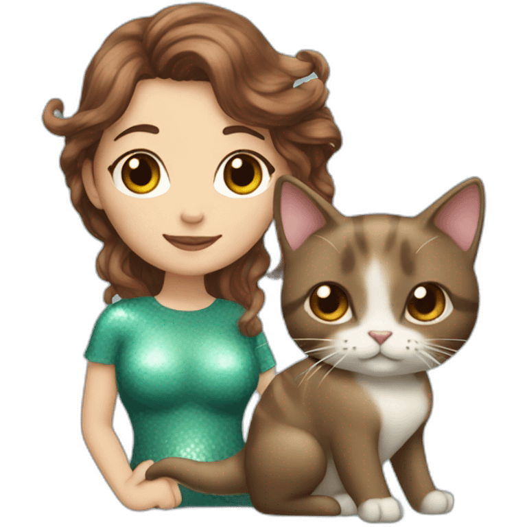 Mermaid with brown hair marries a cat emoji